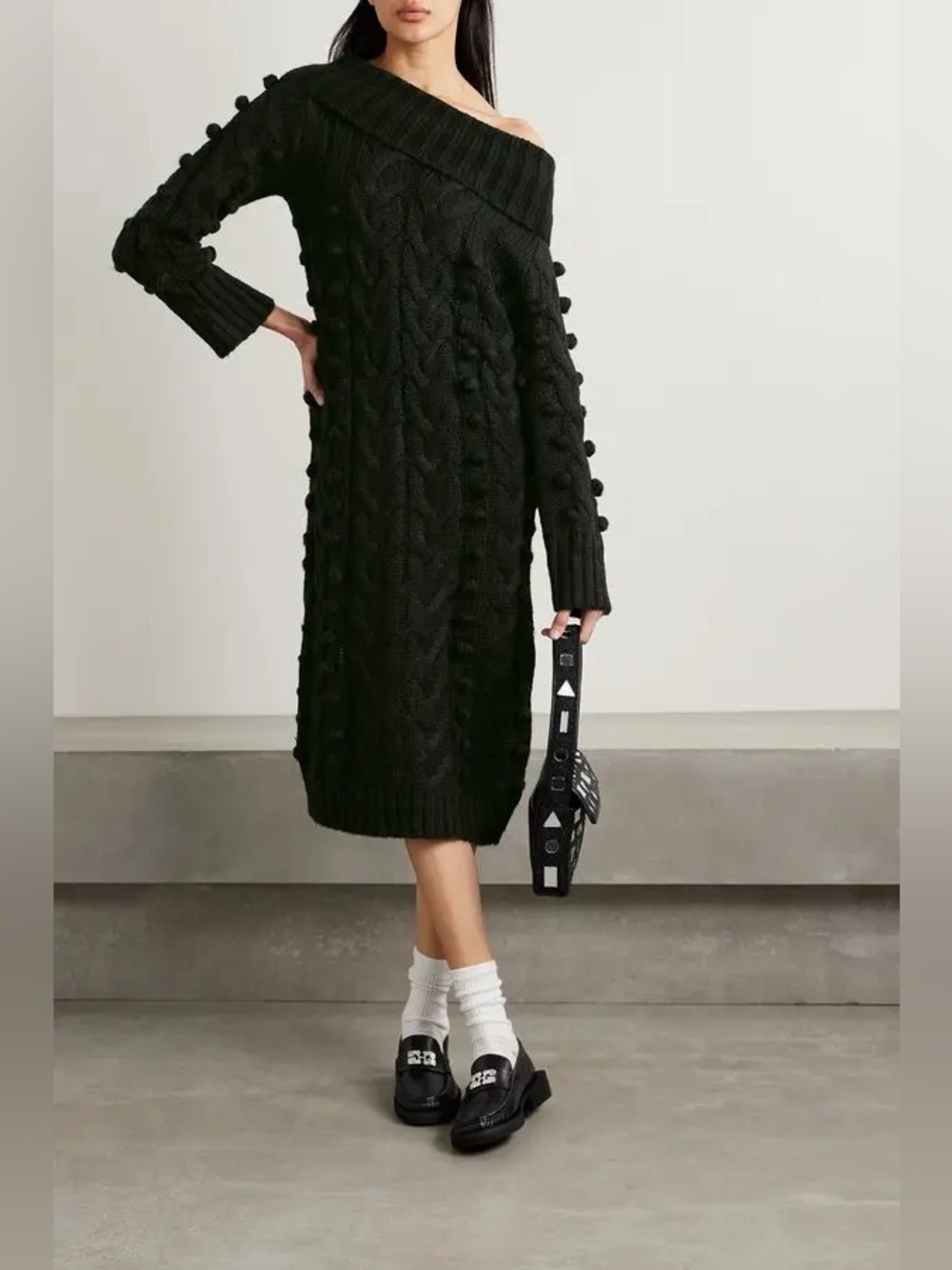 FARM Rio Pom Pom Embellished Cable Knit Turtleneck Sweater Dress Black Large NWT
